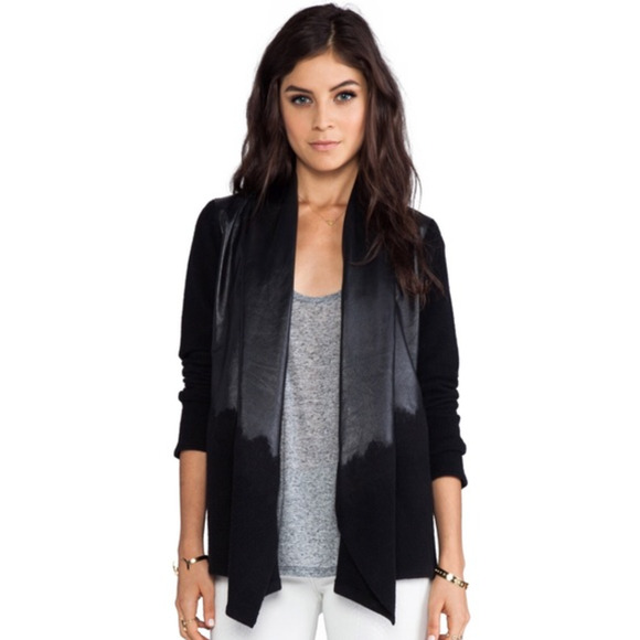 SOLD! Olivia M Lamb Leather Wool Waterfall Jacket Black Open Front Sweater Black - Picture 1 of 12